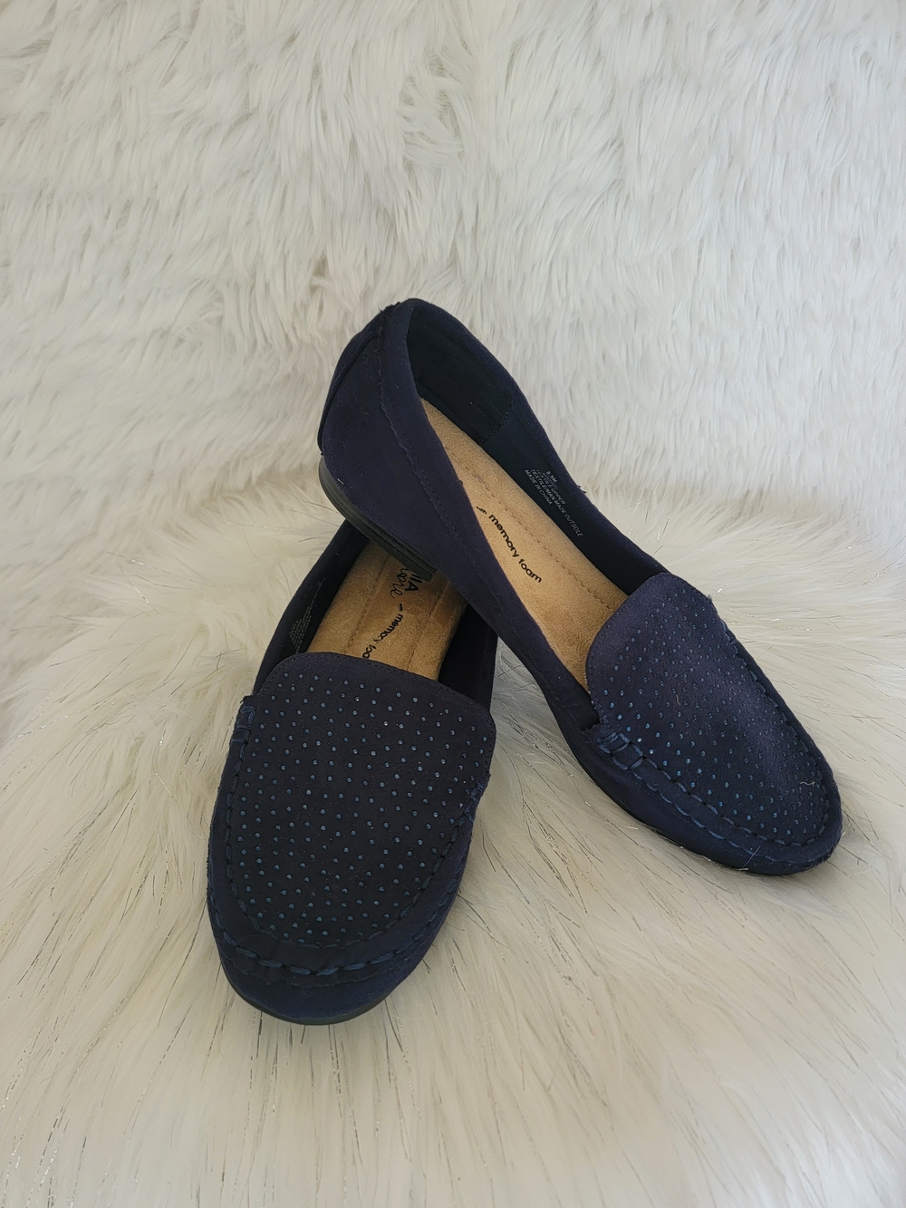 Mi Amore Navy Perforated Suede Slip-On Loafers